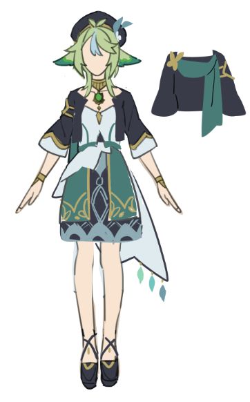 redesign (might overhaul) more based on the shape of traditional arabic dresses (2 layers + middle part) and a lil' genshin flair inspired by faruzan's skirt