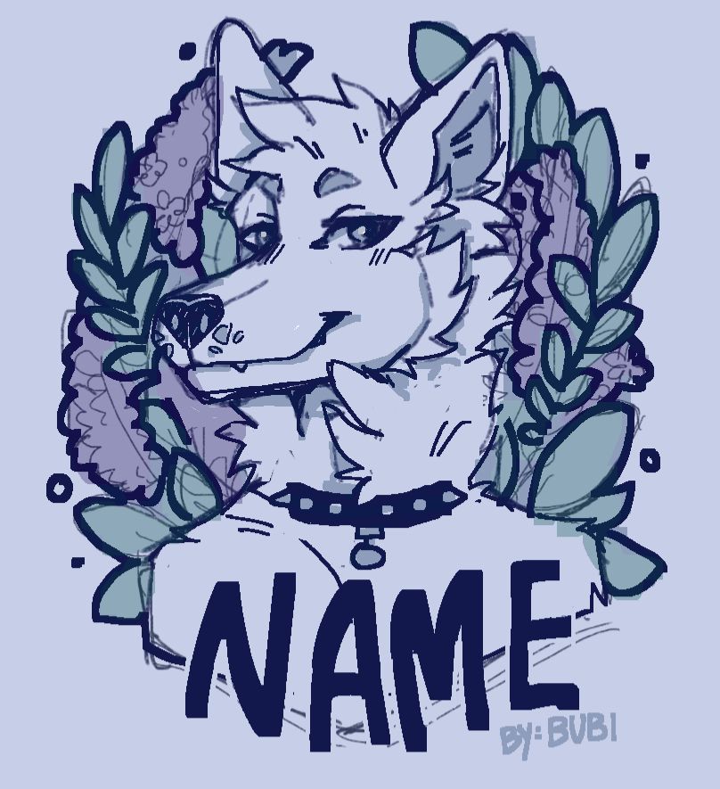 A ych badge template with a smirky k9 and mixed flowers in the backgroung.