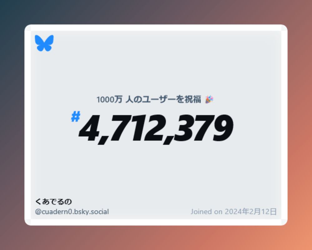 A virtual certificate with text "Celebrating 10M users on Bluesky, #4,712,379, くあでるの ‪@cuadern0.bsky.social‬, joined on 2024年2月12日"