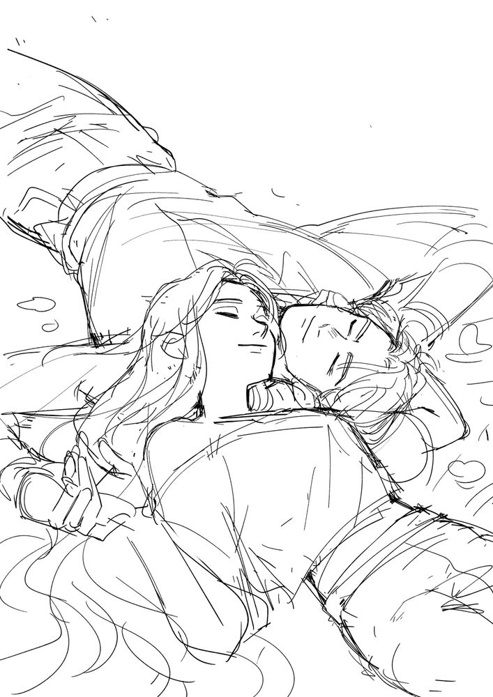 kpop demon hunters fanart sketch: rumi and jinu are laying down closing their eyes, at peace, fingers entwined