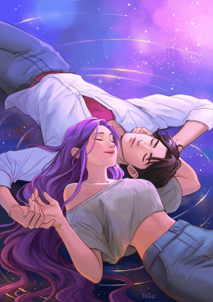 Kpop Demon Hunters fanart: Rumi and Jinu are laying on a sea of stars--blue, purple, and magenta--together, with golden ripples surrounding them. Jinu is upside down on the top of the image, while Rumi is below on the opposite side. They are smiling contentedly, Jinu holding Rumi's hand.