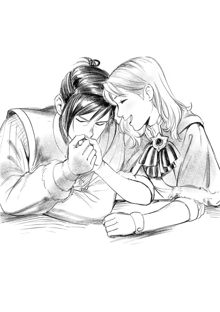 Fire Emblem Three Houses fanart: Felix is leaning in and kissing Annette's hand; Annette is smiling happily