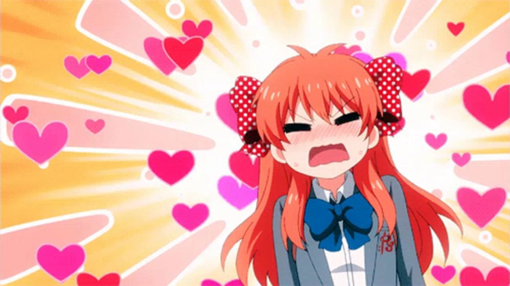 a girl with red hair and a bow in her hair is surrounded by pink hearts