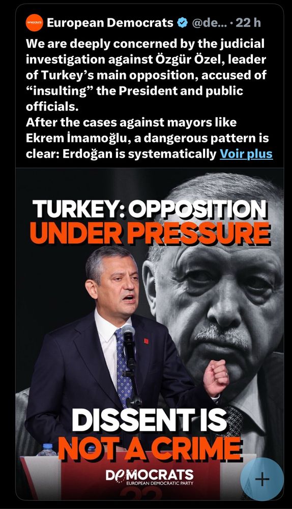 Nous sommes profondément préoccupés par l’enquête judiciaire visant Özgür Özel, le chef de la principale formation d’opposition en Turquie, accusé d’avoir « insulté » le président et des responsables publics.
Après les procédures engagées contre des maires comme Ekrem İmamoğlu, un schéma inquiétant se dessine : Erdoğan démantèle systématiquement l’opposition démocratique.
En tant que Démocrates européens, nous estimons que l’Europe ne peut pas détourner le regard : défendre la démocratie au-delà de nos frontières est un impératif moral et politique.