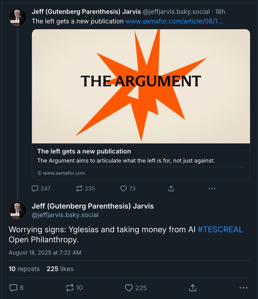 a screen shot of a Jeff Jarvis tweet claiming that the center-right publication The Argument is part of the left.