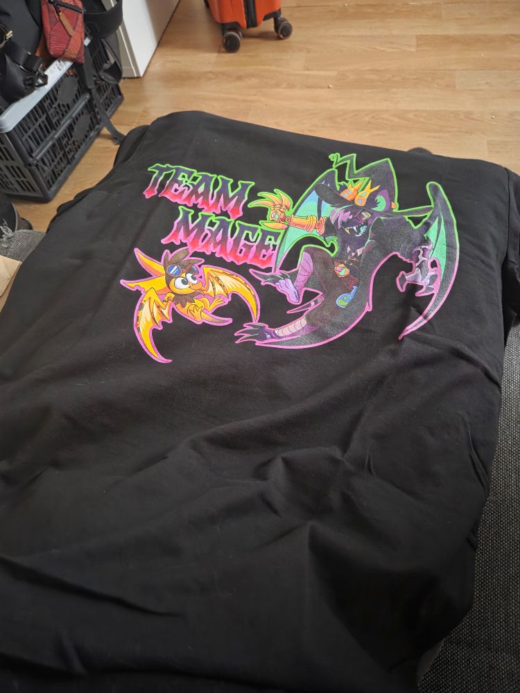 Un t-shirt représentant une chauve souris anthropomorphique qui semble folle avec des un bras mecanique et une petit creature jaune. Les deux ont l'air de jouer ensemble. Il y a egalement un grand Team Mage pour representer le camp choisit pour le thème de l'événement. 