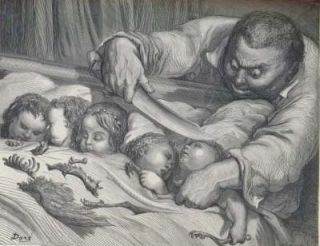ilustração que acompanha uma das edições da sátira “uma proposta modesta”. ela mostra um homem com cara demoníaca descobrindo cinco bebezinhos que dormem juntos em uma cama, entre o que parecem ser ossos que sobram de uma refeição 