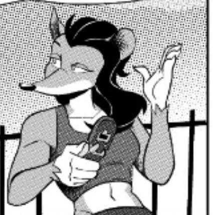 An anthromorphic, grey mouse with long black hair kept on one side. She is holding a cellphone and looking left. She is wearing a crop top, sportsy top.