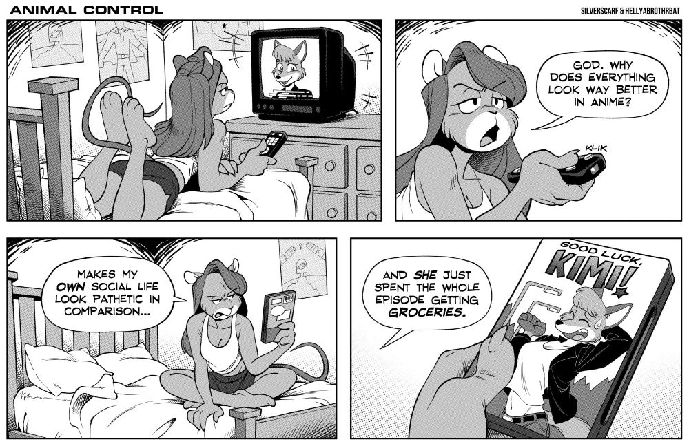 The first strip of anml ctrl, featuring Madi watching the anime Good Luck Kimi!