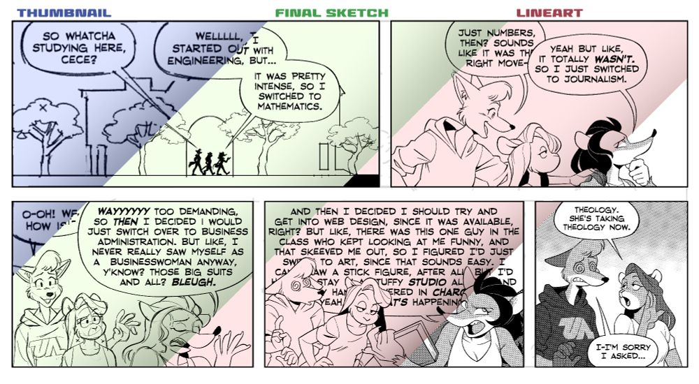 A webcomic day template. It progressively shows the comic about Cici's indecisive college major being finished, from sketch (blue), pencils (green), lines (red), finishing colors/tones (black n white)