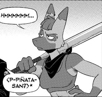 A buff, anthromorphic piñata is leering at a character off screen. She is holding a bat over her right shoulder. She is wearing a crop top and a black neckerchief.