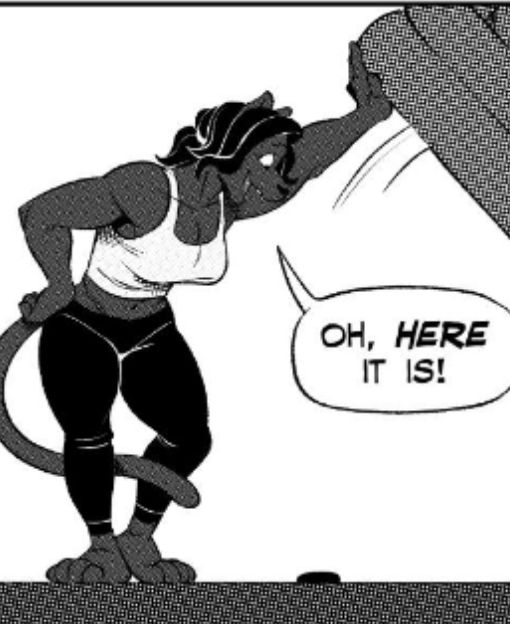 A muscley, anthromorphic black cat, with black hair in a pony tail. She is wearing a white tank top, some of her belly is showing, and black yoga pants. She is lifting a couch with one arm.