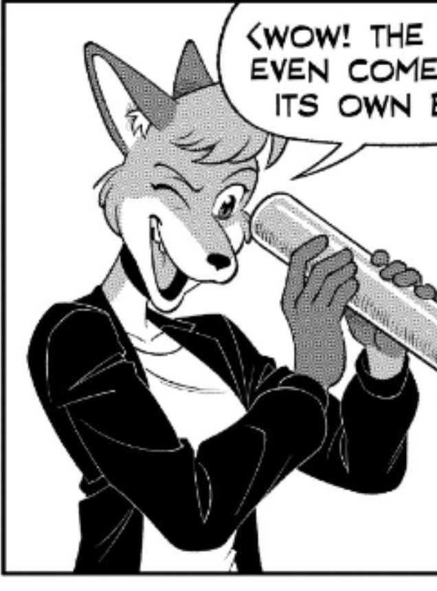 An anthromorphic fox, with one eye open and one closed, looking into the end of a baseball bat. She is wearing a white shirt with a black jacket, worn open, underneath.