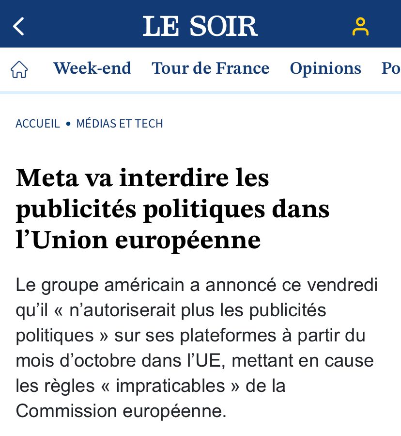 Capture d’écran du journal Le Soir, reprenant une dépêche de Belga. Le titre principal est « Meta va interdire les publicités politiques dans l’Union Européenne ». 