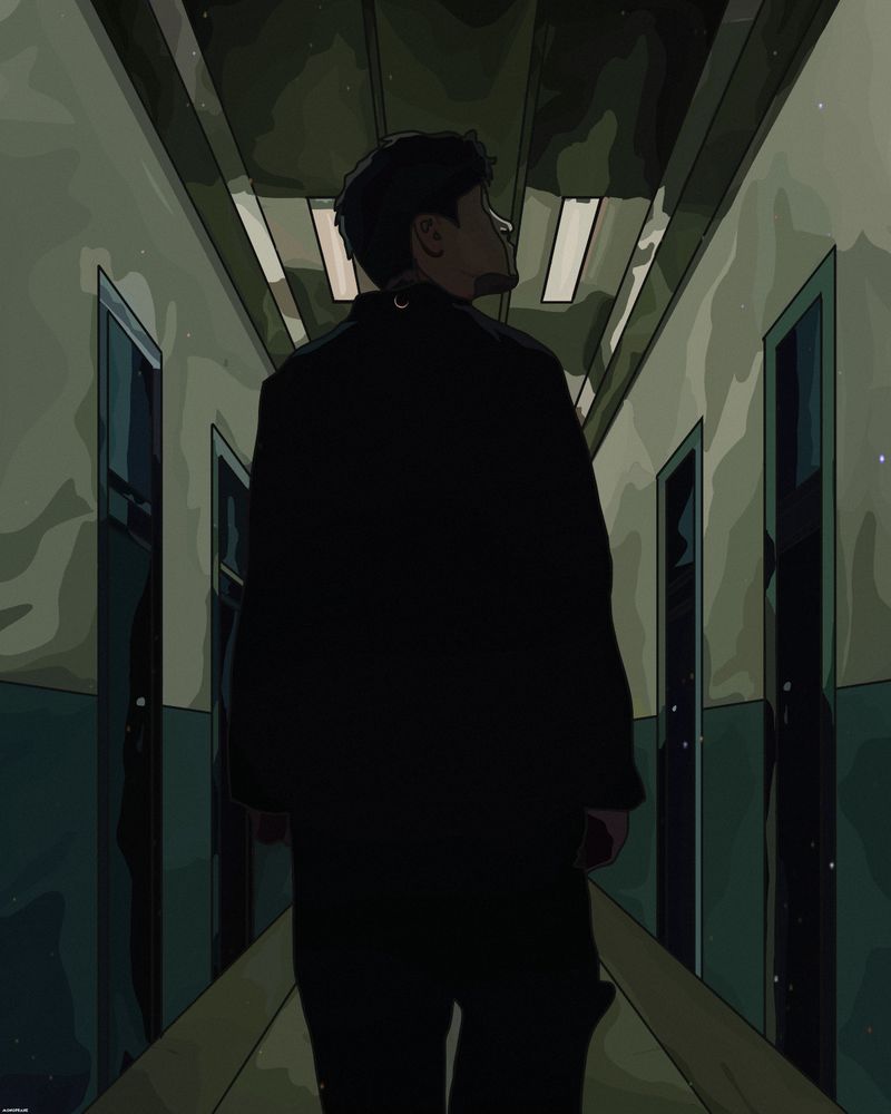 A drawing of Jung Hoseok in a hallway from the music video "More". The colors are muted and his back is turned to the viewer. There is a little moon on his collar. He is going down the hallway. 