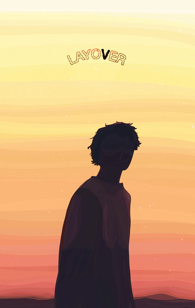 A drawing of Kim Taehyung from BTS. He is drawn facing forward but his face is not visible. He looks like a shadow. Above him is text that says "Layover" and behind is a background consisting of a desert and a an orange sky. 