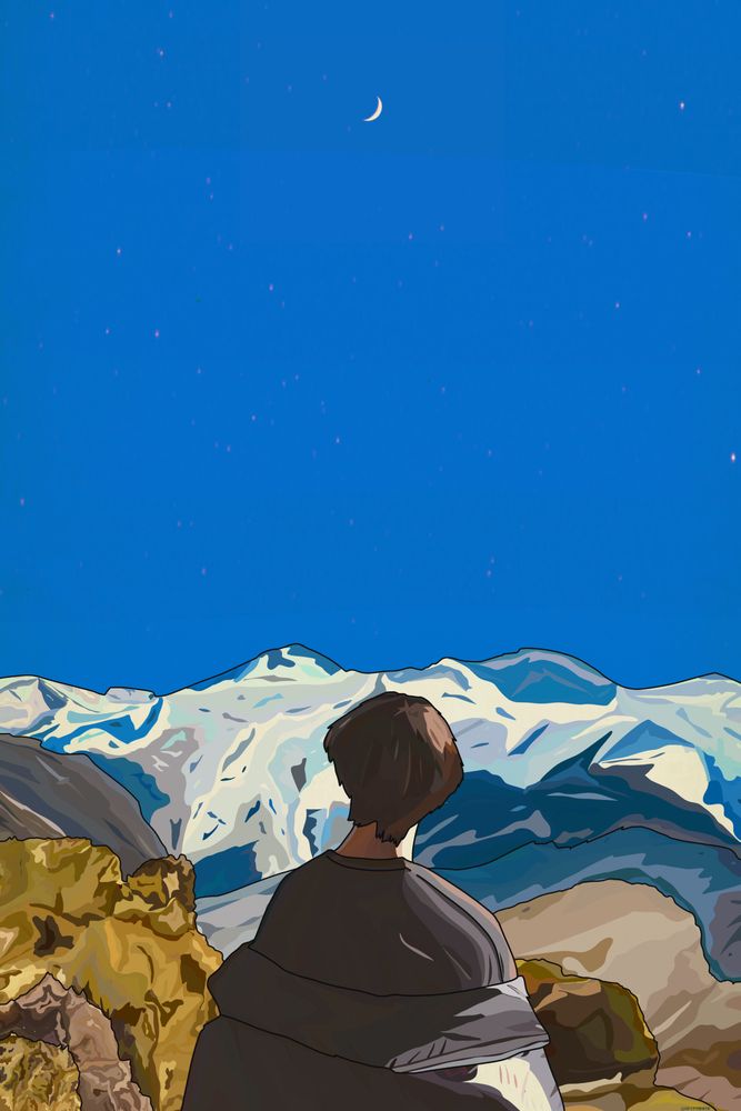  A drawing of Jeon Jungkook from BTS during Bon Voyage in New Zealand. He is standing with his back turned, his jacket is slightly down. In the background are snowy mountains and above it a blue sky. 