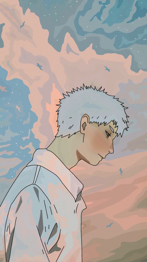 A drawing of Hikaru from The Summer Hikaru Died. He is standing in side profile, facing to the right. His head is slightly inclined downwards. The expression on his face is slightly sad. Behind him are pink clouds and a blue sky and a few birds flying. 