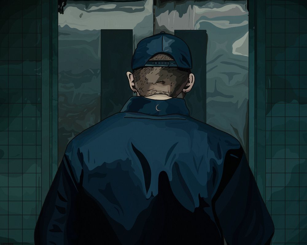 kim namjoon in the music video joke with his back turned the background is greenish