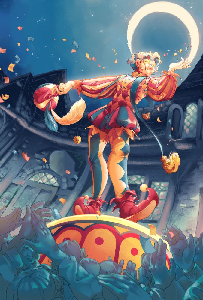 A jester stood on a pedestal throwing confetti into the night sky, the crowd below cheers and claps for the performance 