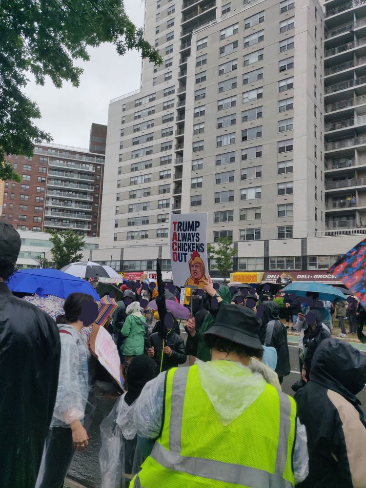 A sign that says "Trump Always Chickens Out" with an image of trump wearing a chicken suit. The letters TACO are in red.