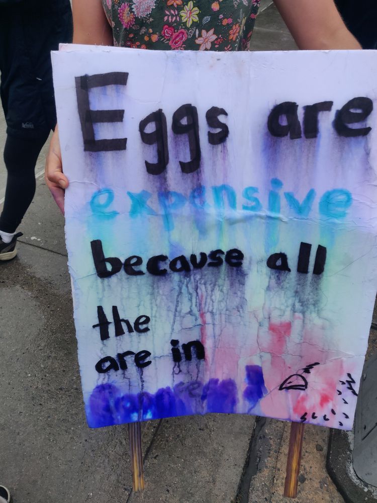 The "Eggs are expensive" poster, but the colors have all run. It now says "Eggs are expensive because all the [blank] are in [big colorful purple blob]". The chicken is now just a beak and some feathers, no more head.