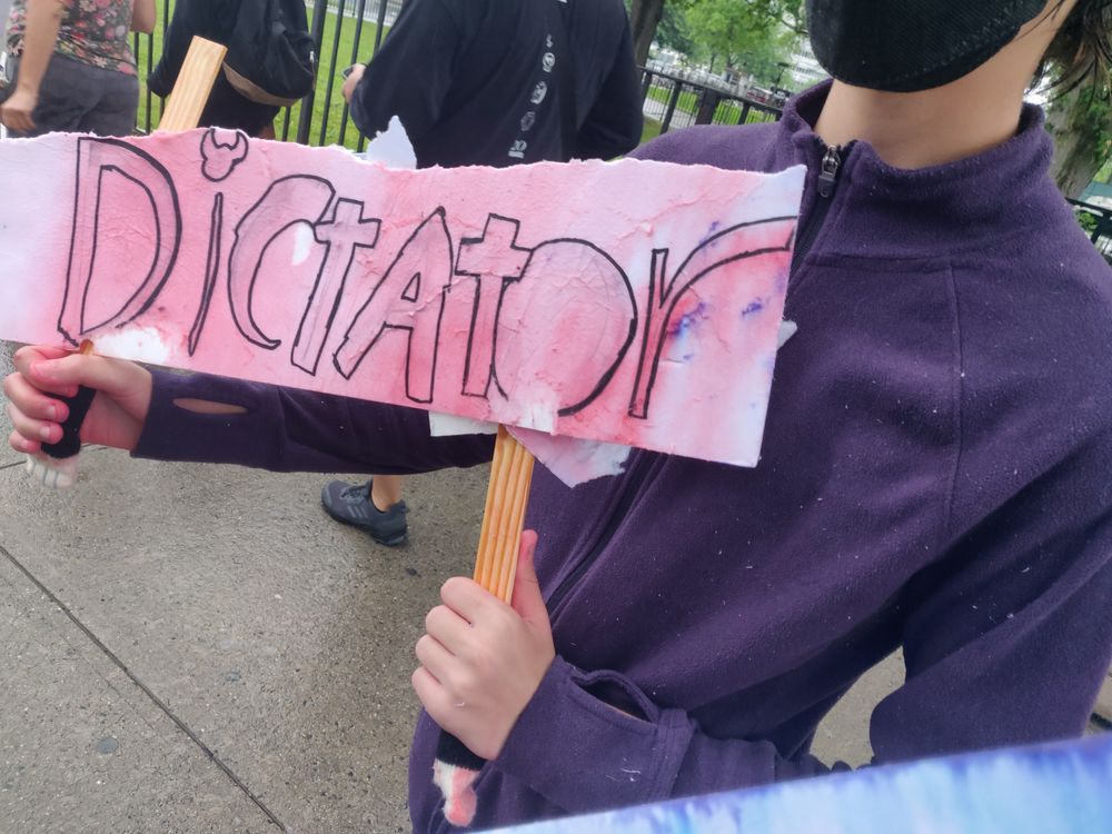 The dictator sign, but the top has completely broken off (the text was gone before it came off). Now it just says "Dictator" in black outline letters, with the red having leaked from inside the letters and covering the rest of the poster (and hands of the person holding it).