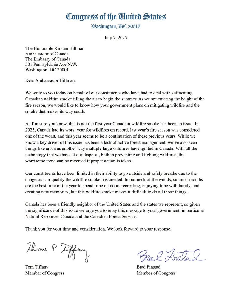 Letter from representatives Brad Findtad and Tom Tiffany asking Canada what their plan is to control the smoke from their wildfires.