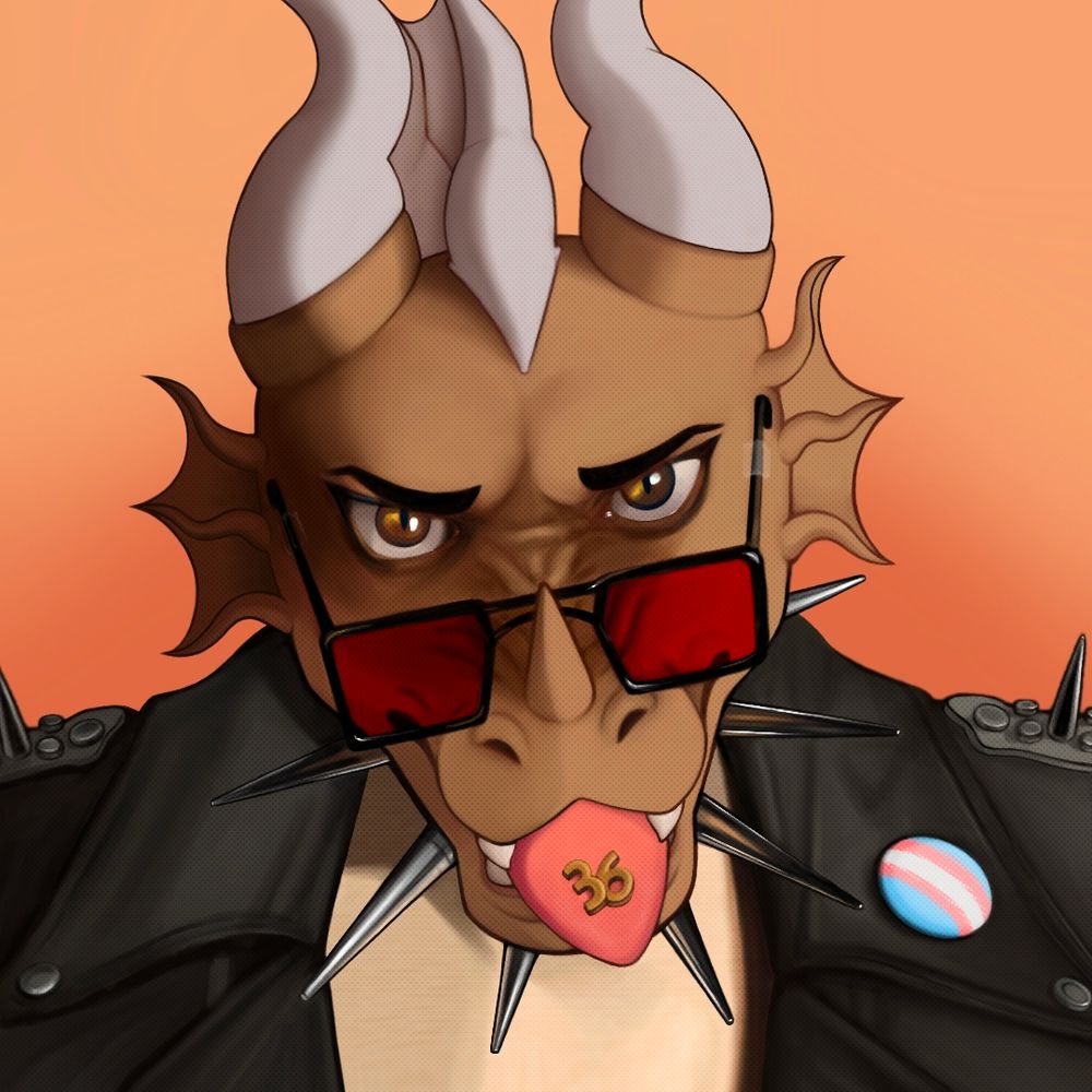 Drawing of a light brown dragon named Piper, with white horns,crested spikes and a light brown spike on the end of his snout. He is sticking his tongue out with a pair of golden numbers resting on the tip spelling "36". He is wearing a spiked collar, red tinted sunglasses with black frames, and a leather jacket (with shoulder spikes) that has a trans flag pin.