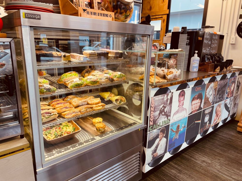 A typical kiwi cafe with a nice selection of cabinet food.  This is Vinyl Cafe in ChCh which has whole walls dedicated to some absolute classic & niche album covers.
