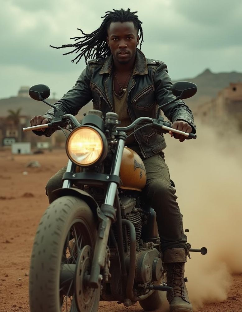Prompt:
27-year-old, athletic build, dark skin, dreadlocks, warm brown eyes, post-apocalyptic attire with a worn leather jacket, rugged pants, and combat boots, riding a powerful motorcycle through a desolate wasteland, kicking up dust, barren post-apocalyptic landscape with ruined buildings and a stormy sky, intense and passionate expression, realistic cinematic style