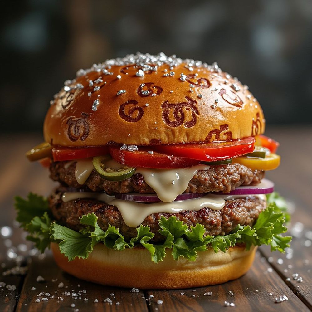 a fancy double patty burger featuring juicy wagyu beef patties, crisp lettuce, ripe tomato, crunchy onion, colorful peppers, topped with melting white American cheese adorned with silver flakes, and the distinctive likeness of the Gucci logo stamped on both the top and bottom buns, artistic presentation, high quality, appealing colors, makro shot, food photography style.