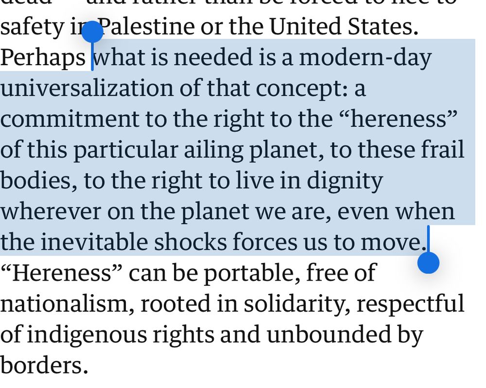 Screenshot of guardian article mentioned., on concept of hereness and not dreaming of escaping to mars or bunkers or some AI hellscape..