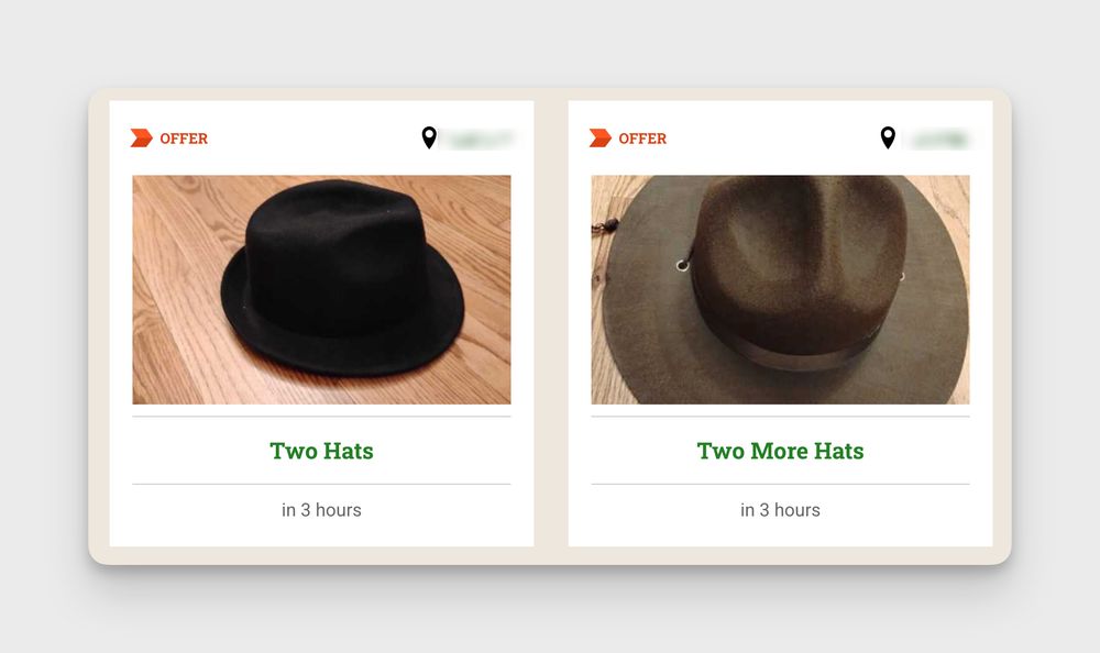 Screenshot from Freecycle showing two offers: "Two Hats" and "Two More Hats"

The first photo is a black bowler hat, and the second photo is a brown park ranger hat.