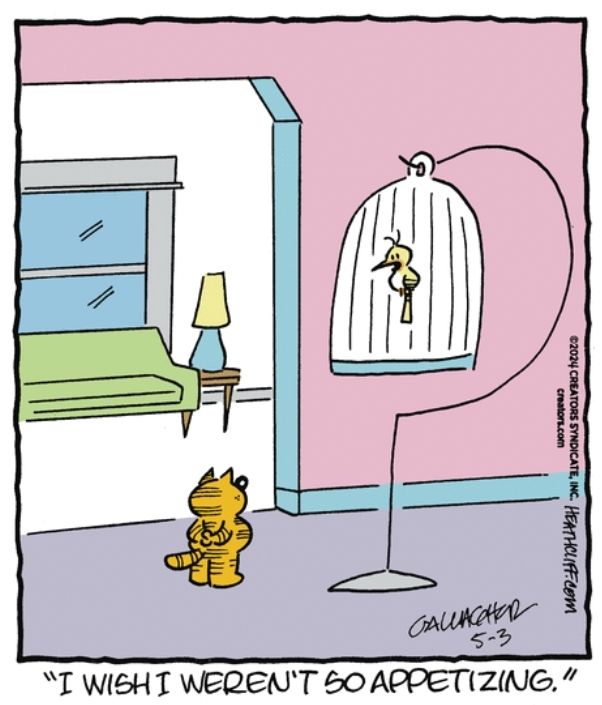 Heathcliff stands with his hands behind his back, looking up at a bird in a large birdcage. The soon to be eaten bird says "I wish I weren't so appetizing."