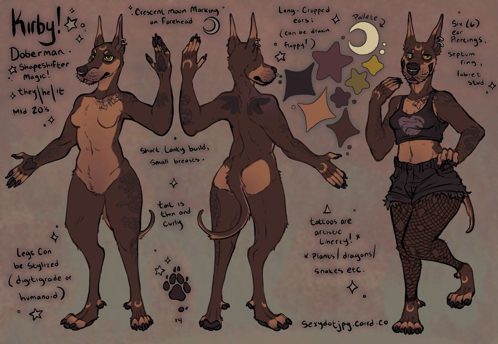 A reference sheet of a Doberman fursona with different angles and a clothing pose. They have a front and back view showing their brown and tan markings, tattoo designs and lots of info about their features.