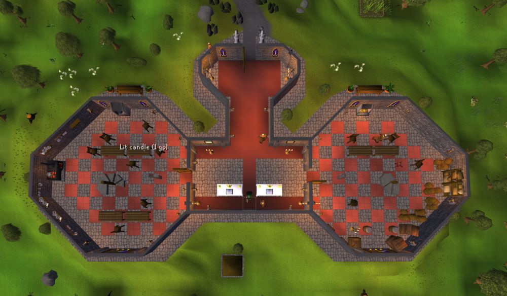 a top-down view of the ardougne monaster in old school runescape that kinda looks like a tiny dick and huge balls