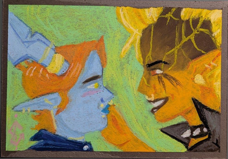 A pastel drawing of two tiefling characters. One has orange hair and blue skin. The other has brown and orange two tone skin with glowing cracks and fiery looking hair. They are lovingly gazing at each other.