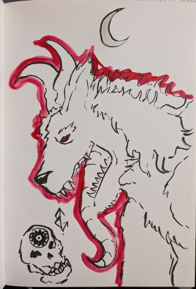A picture of Glenn the hound looking really healthy. Long tongue, horns and a vivid red outline. A skull sits beside them and a silvery crescent Moon looms overhead.
