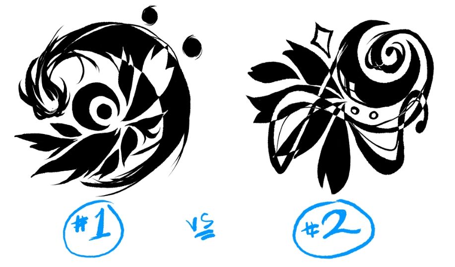 Two monochrome draft sketches of logo designs for ASTRAL MILE/LossNFound. #1 is a stylized chamomile flower, where the bud has been changed into a crescent moon and dot. A comet in the path and shape of a bass clef arches over it. #2 is a crescent moon barely referencing a bass clef, with chamomile petal "wings" and a sparkle star crown. Elements of a treble clef weave through the design in a whimsical manner.
