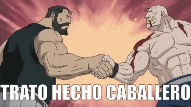 a cartoon of two men shaking hands with the words trato hecho caballero above them