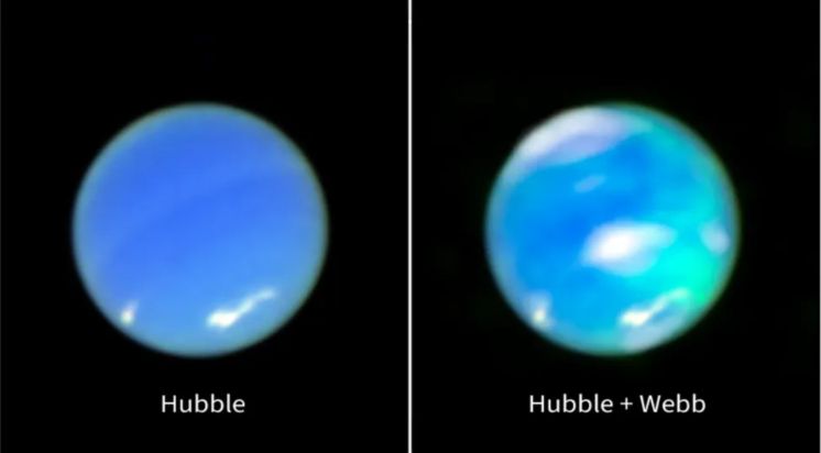 The left image is an enhanced-color image of Neptune from NASA’s Hubble Space Telescope showing a blue orb with two whites spots on the bottom half of the sphere. The right image is also a blue orb with more white spots and a lighter blue patch that was created from a combined combine image of data from Hubble along with data from NASA’s James Webb Space Telescope. The lighter blue splotches, are auroral activity, and the white cloudy areas are data from Webb’s Near-Infrared Spectrograph (NIRSpec), overlaid on top of the image from Hubble’s Wide Field Camera 3. (Image credit: NASA, ESA, CSA, STScI, Heidi Hammel (AURA), Henrik Melin (Northumbria University), Leigh Fletcher (University of Leicester), Stefanie Milam (NASA-GSFC))