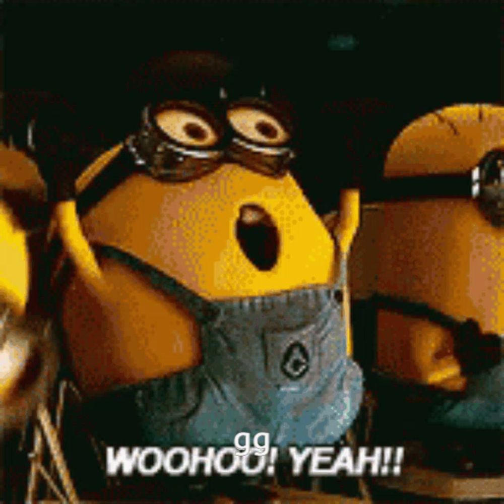 a group of minions are standing next to each other and one of them is wearing goggles and saying woohoo yeah .