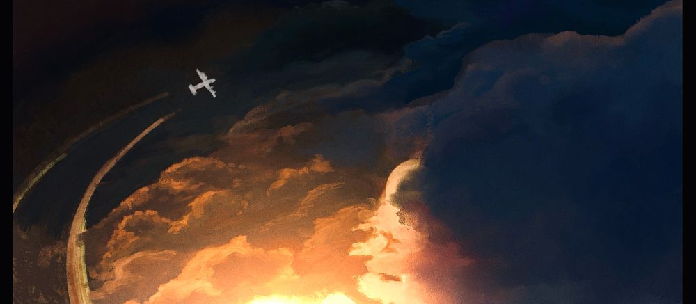 A cropped version of my artwork showing mostly thick blue and orange cloud at dawn. There is a small silhouette of a Lancaster flying upwards along the left.