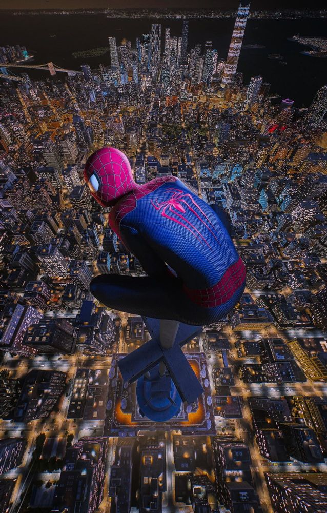 The Amazing Spider-Man standing on top the Empire State Building. Screenshot from Spider-Man 2, taken from Reddit