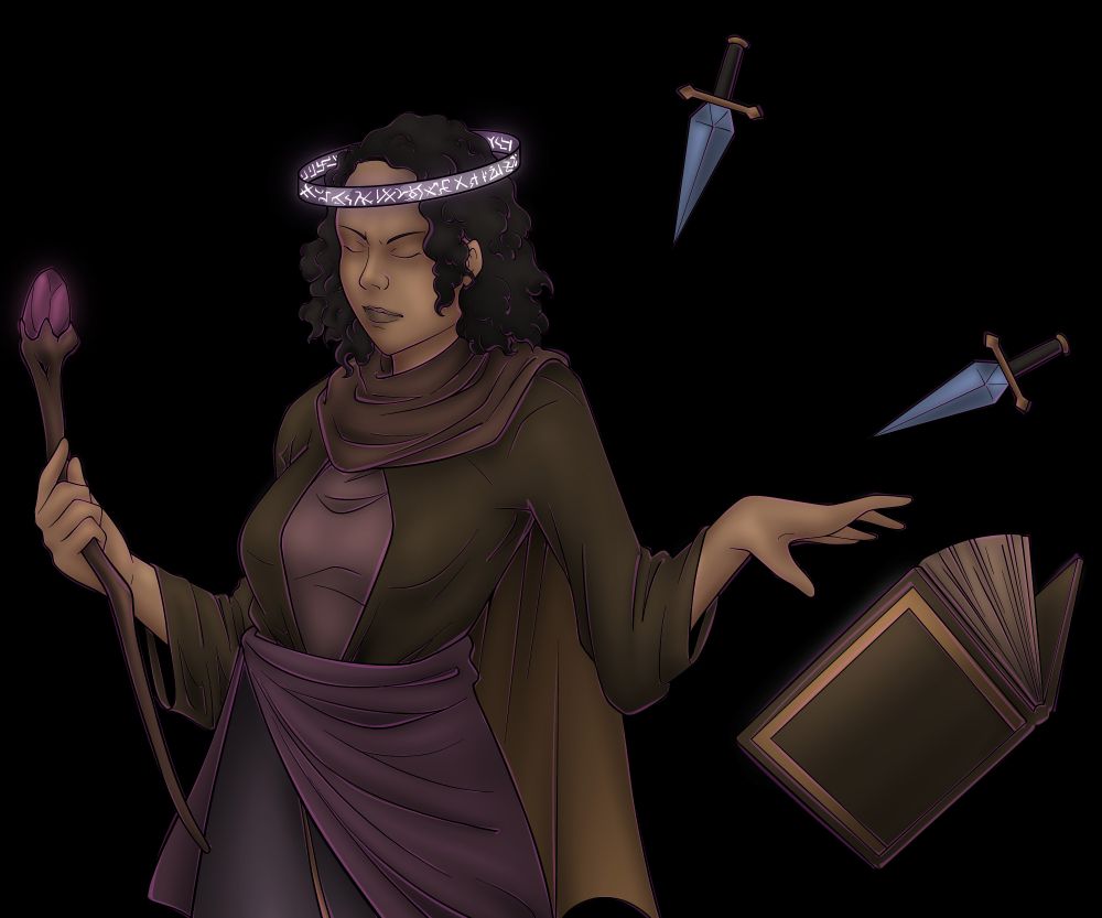 A tan-skinned woman with dark curly hair. A crown of glowing purple runes floats around her head. She is wearing brown and purple robes and holding a wooden staff topped with a faintly glowing purple crystal in her right hand, while she uses her left to magically float two daggers and a tome beside her.