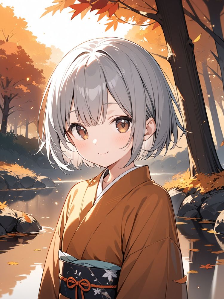 Reflections of a Fading Season.
At the edge of a still pond surrounded by autumn trees, a girl in a rust-colored kimono stands quietly. The surface of the water reflects the sky and falling leaves, creating a mirror of fading time. A single ripple disturbs the silence, as if the season itself sighed.