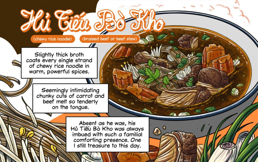 Another lovingly drawn illustration of a bowl of Hu Tieu Bo kho - Vietnamese beef stew with rice noodles. The broth is a deep brown colour in which chunky cuts of carrots and stewed beef float. The rice noodles are strewn a top layers of bean sprouts, spring onion, and other herbs and spices. These ingredients decorate the bottom of the illustration.

Comic-style narration boxes read: slightly thick broth coats every single strand of chewy rice noodle in warm, powerful spices. Seemingly intimidating chunky cuts of carrot and beef melt so tenderly on the tongue. Absent as he (my dad) was, his Hu Tieu Bo Kho was always imbued with such a familial comforting presence. One I still treasure to this day.