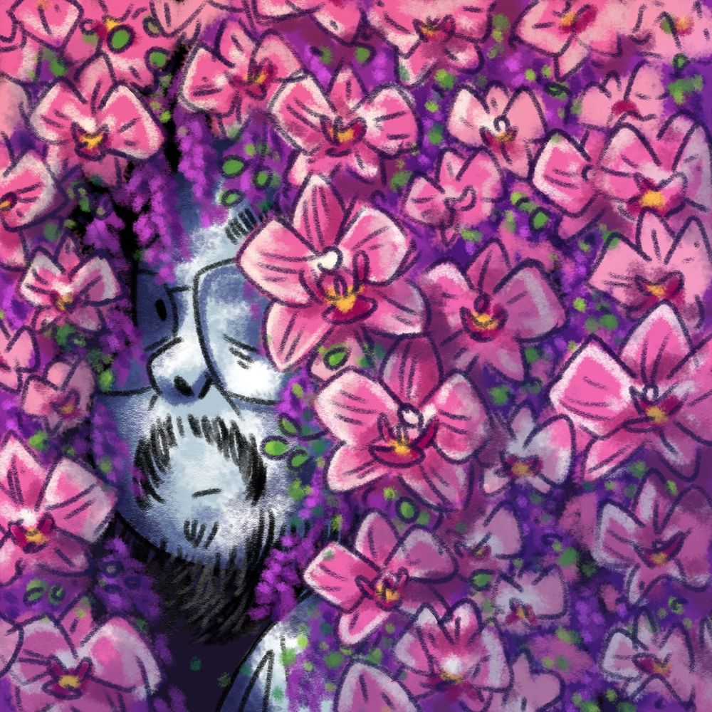 A bright pink and purple wall of orchids and lavender parts to show a man in pale white and blue hidden behind. He takes one last look over his shoulder before disappearing into the dark.
