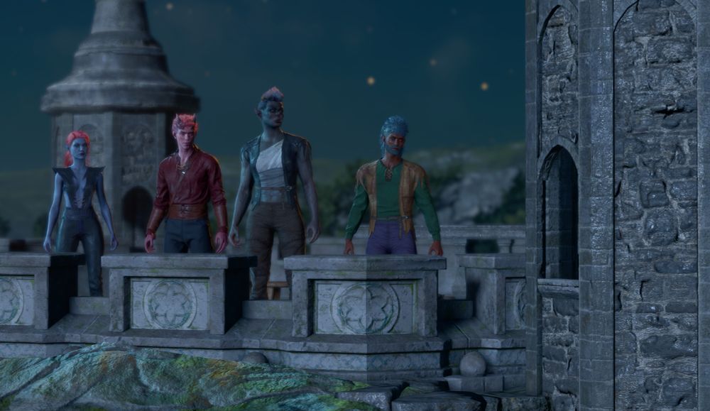 A wide shot of four BG3 tavs: a dark elf woman with pink hair, a pink skinned tiefling man, a grey-skinned orc, and a dark skinned half elf man. They are all dressed in casual camp clothes and looking off in the distance.